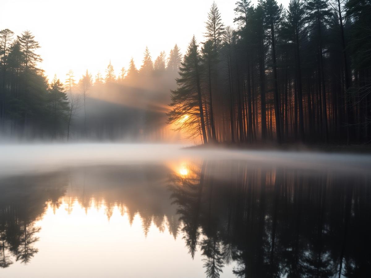 Lago enevoado ao amanhecer